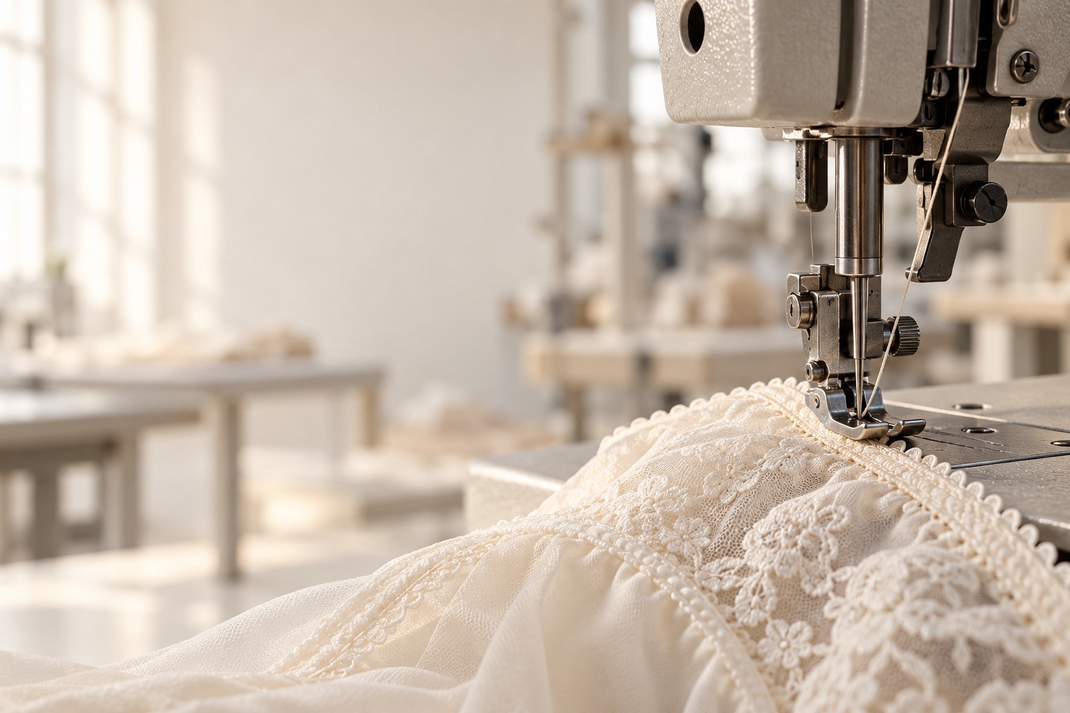 An industrial sewing machine working on delicate underwear fabric and lace trim
